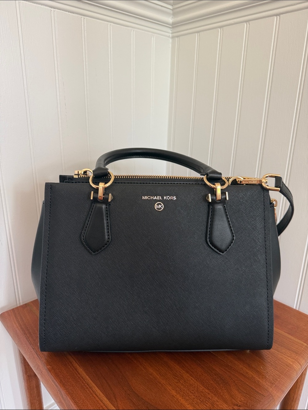 MICHAEL KORS Black Saffiano Leather Satchel with Gold Hardware